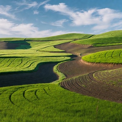 Rolling Green Hills with Farm Fields