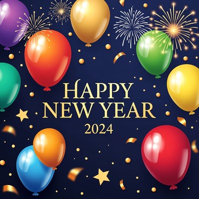Happy New Year 2024 Balloons Fireworks