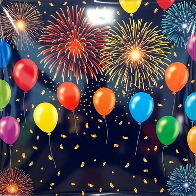 Colorful Fireworks and Balloons Background