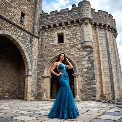 Woman in teal gown at stone castle