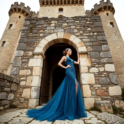 Woman in Blue Gown at Castle Entrance