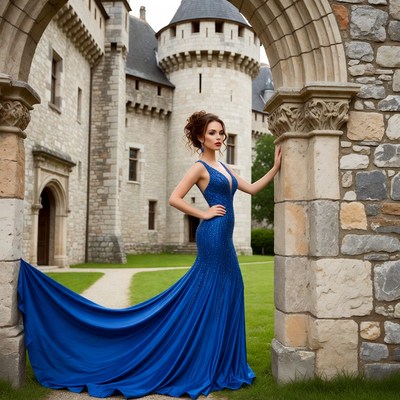Woman in Blue Gown at Castle Arch