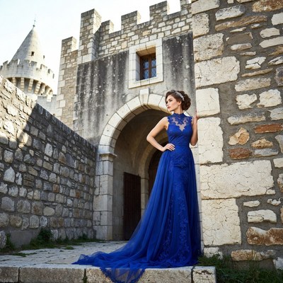 Woman in Blue Gown at Castle Entrance