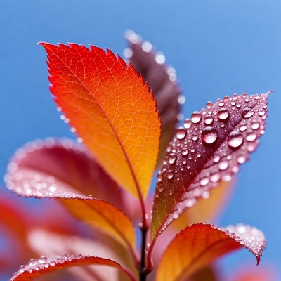Red Autumn Leaves with Dew Drops