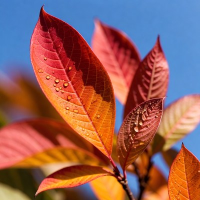Red Autumn Leaves with Water Droplets