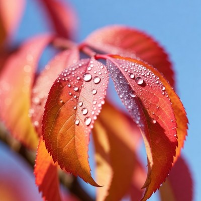 Red Autumn Leaves with Water Droplets