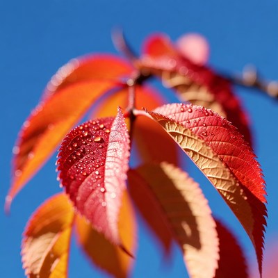Red Autumn Leaves with Water Droplets
