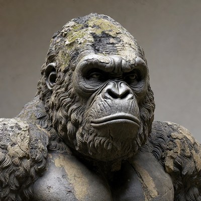 Mossy stone gorilla statue closeup