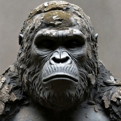 Moss-covered gorilla statue closeup