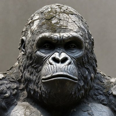 Mossy stone gorilla statue closeup