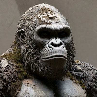 Moss-covered gorilla statue close-up