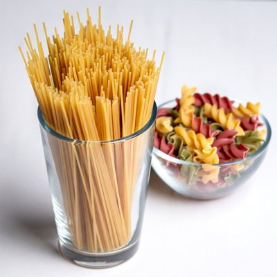 Spaghetti and Colored Pasta in Glasses