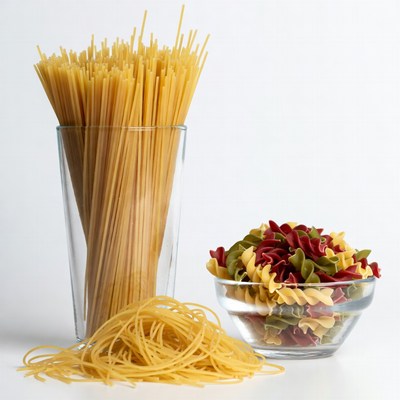 Spaghetti and Colored Pasta on White Background