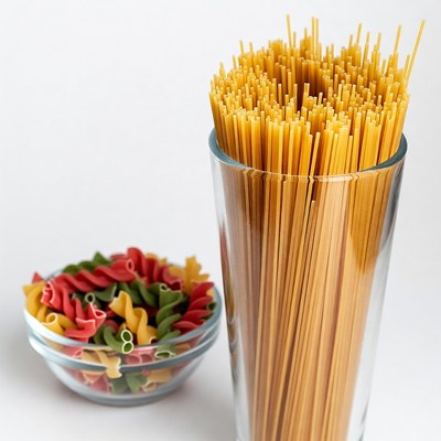 Spaghetti and Colored Pasta in Glasses