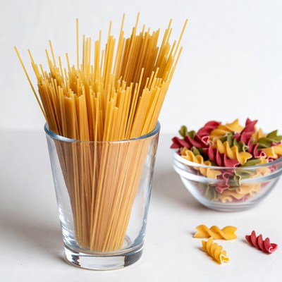 Spaghetti and Colored Pasta in Glasses