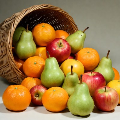Wicker Basket of Oranges Apples Pears
