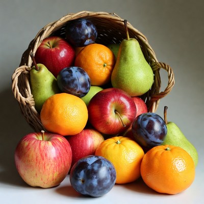 Basket of Fresh Apples Oranges Pears Plums