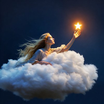 Blonde woman holding glowing star on clouds