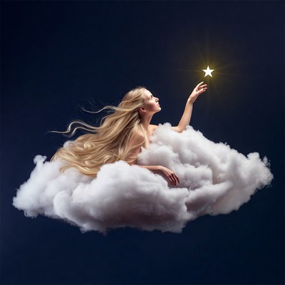 Blonde woman reaching for star on clouds