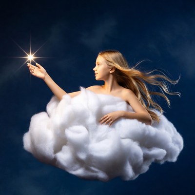 Girl reaching for star on cloud