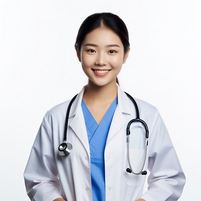 Asian female doctor smiling with stethoscope