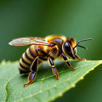 Honey Bee on Green Leaf