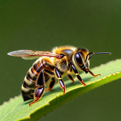 Honey Bee on Green Leaf
