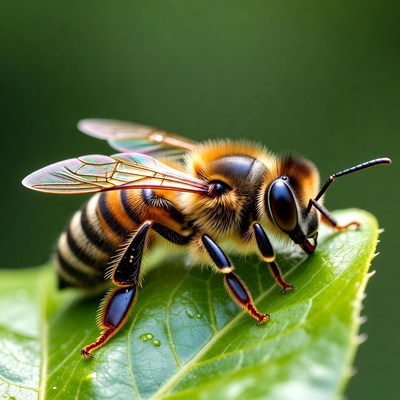 Honey Bee on Green Leaf