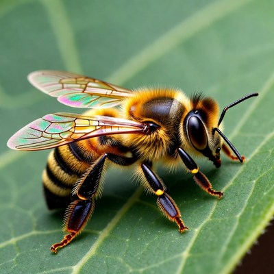 Honey Bee on Green Leaf