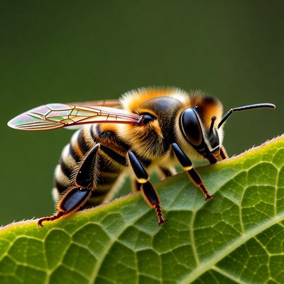 Honey Bee on Green Leaf