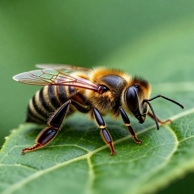 Honeybee on green leaf