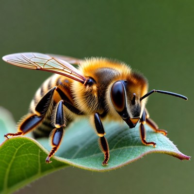 Honey Bee on Green Leaf