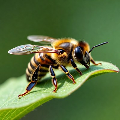 Honey Bee on Green Leaf