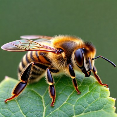 Honey Bee on Green Leaf