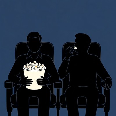 Two men eating popcorn in cinema seats