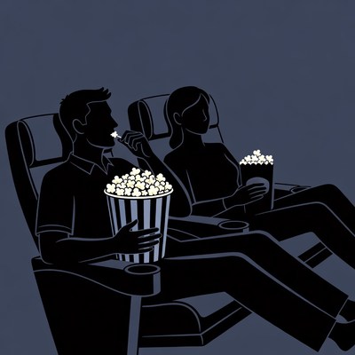 Couple eating popcorn in cinema