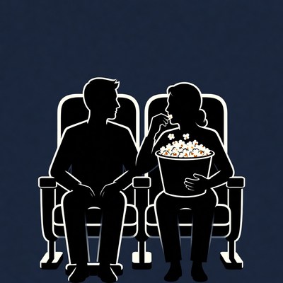 Couple eating popcorn in cinema seats