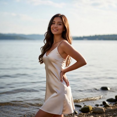 Young woman in satin dress by lake