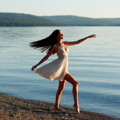 Woman dancing on lakeside beach