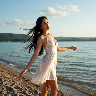 Asian woman in white dress by lake