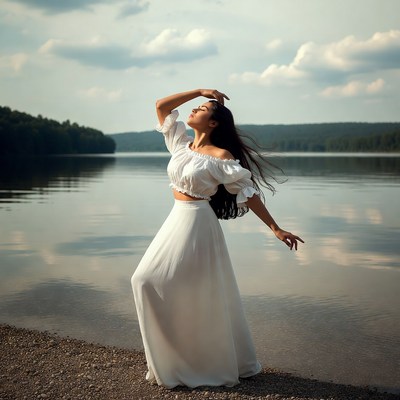 Woman in white dress by lake