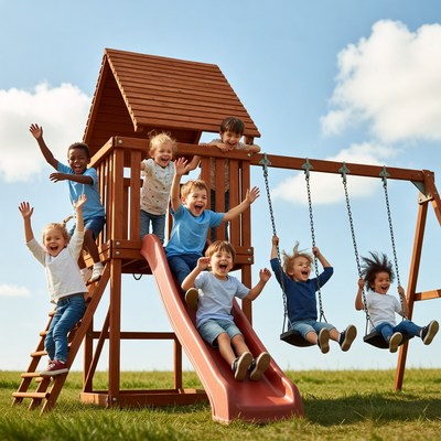 Children Playing on Wooden Playground