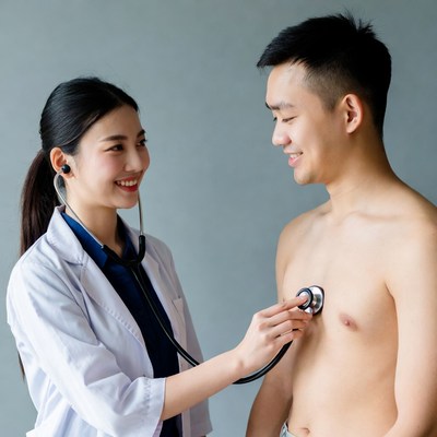 Asian nurse checking man's heartbeat