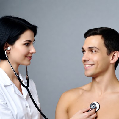 Doctor woman checking man's heartbeat