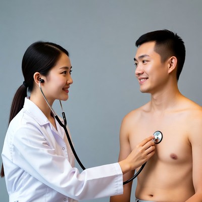 Asian female doctor checking male patient's heart