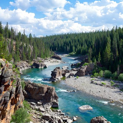 Turquoise River Flowing Through Forested Canyon
