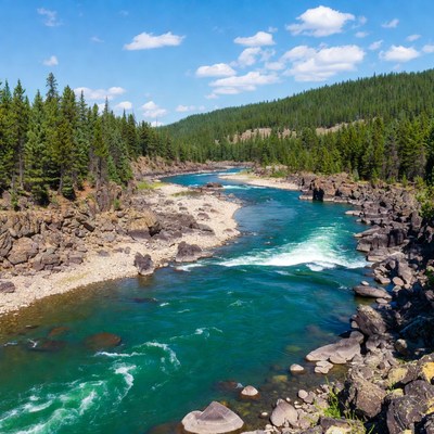River Flowing Through Forested Mountains
