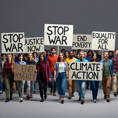 Diverse protesters marching with protest signs