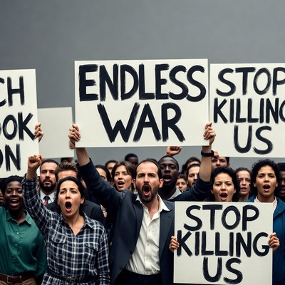 Crowd protesting endless war with signs