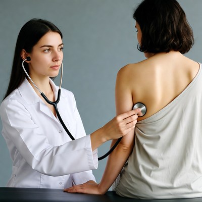 Doctor listening to woman's back